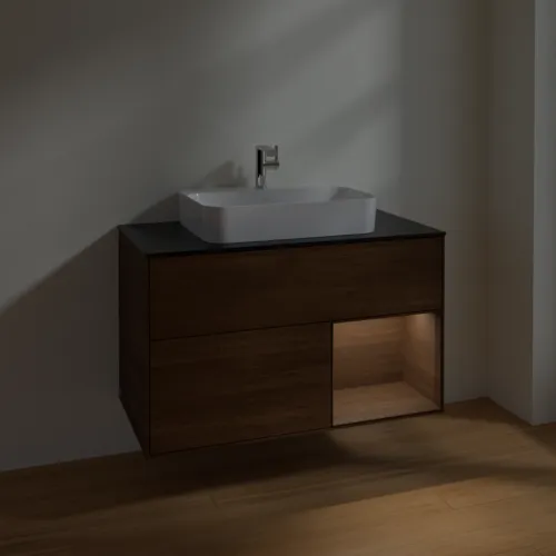 VILLEROY BOCH Toaletní stolek Finion, s osvětlením, 2 výsuvy, 1000 x 603 x 501 mm, ořechová dýha / ořechová dýha / sklo černé matné #F372GNGN, obrázek 5