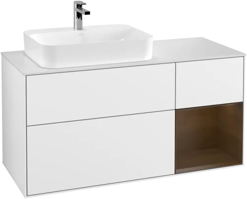 VILLEROY BOCH Toaletní skříňka Finion, s osvětlením, 3 výsuvy, 1200 x 603 x 501 mm, lesklý bílý lak / ořechová dýha / sklo bílé matné #F401GNGF