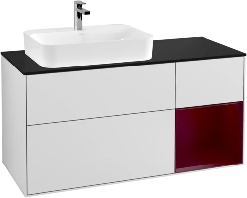 VILLEROY BOCH Toaletní skříňka Finion, s osvětlením, 3 výsuvy, 1200 x 603 x 501 mm, bílý matný lak / pivoňkový matný lak / černé matné sklo #F402HBMT