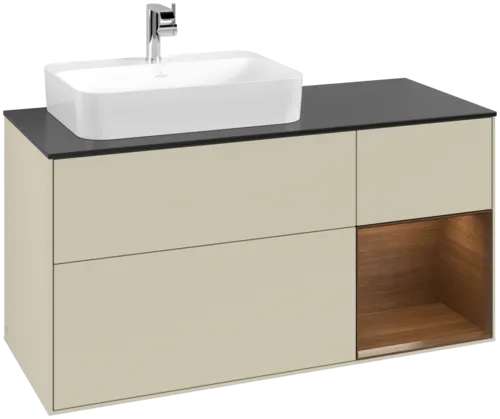 VILLEROY BOCH Toaletní skříňka Finion, s osvětlením, 3 výsuvy, 1200 x 603 x 501 mm, hedvábně šedý matný lak / ořechová dýha / černé matné sklo #F402GNHJ