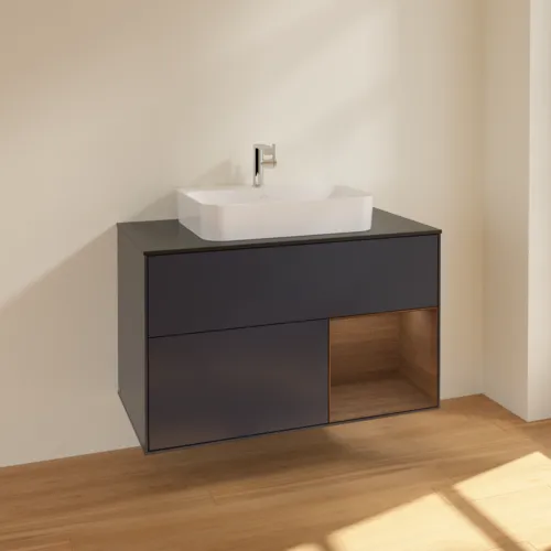 VILLEROY BOCH Toaletní skříňka Finion, s osvětlením, 2 výsuvy, 1000 x 603 x 501 mm, půlnočně modrý matný lak / ořechová dýha / černé matné sklo #F372GNHG, obrázek 2