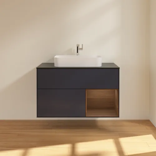 VILLEROY BOCH Toaletní skříňka Finion, s osvětlením, 2 výsuvy, 1000 x 603 x 501 mm, půlnočně modrý matný lak / ořechová dýha / černé matné sklo #F372GNHG, obrázek 3