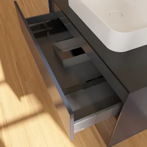 VILLEROY BOCH Toaletní skříňka Finion, s osvětlením, 2 výsuvy, 1000 x 603 x 501 mm, půlnočně modrý matný lak / ořechová dýha / černé matné sklo #F372GNHG, obrázek 8
