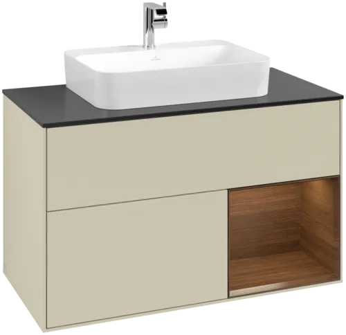 VILLEROY BOCH Toaletní skříňka Finion, s osvětlením, 2 výsuvy, 1000 x 603 x 501 mm, hedvábně šedý matný lak / ořechová dýha / černé matné sklo #F372GNHJ