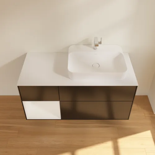 VILLEROY BOCH Toaletní skříňka Finion, s osvětlením, 3 výsuvy, 1200 x 603 x 501 mm, černý matný lak / bílý lesklý lak / bílé matné sklo #F391GFPD, obrázek 4