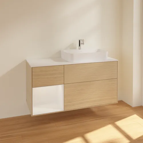 VILLEROY BOCH Toaletní skříňka Finion, s osvětlením, 3 výsuvy, 1200 x 603 x 501 mm, dubová dýha / lesklý bílý lak / sklo bílé matné #F391GFPC, obrázek 2