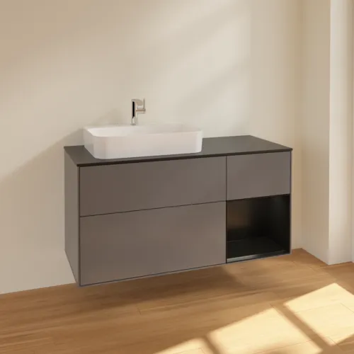 VILLEROY BOCH Toaletní skříňka Finion, s osvětlením, 3 výsuvy, 1200 x 603 x 501 mm, antracitový matný lak / černý matný lak / černé matné sklo #F402PDGK, obrázek 2