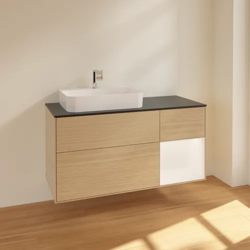 VILLEROY BOCH Toaletní skříňka Finion, s osvětlením, 3 výsuvy, 1200 x 603 x 501 mm, dubová dýha / bílý matný lak / černé matné sklo #F402MTPC, obrázek 2