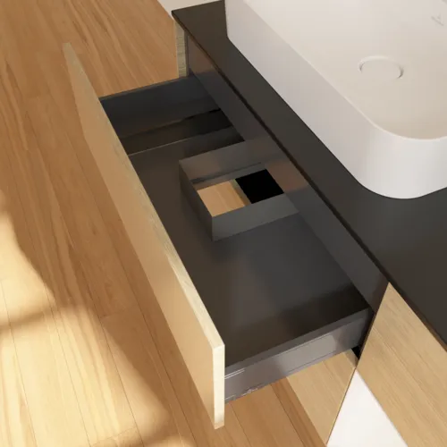 VILLEROY BOCH Toaletní skříňka Finion, s osvětlením, 3 výsuvy, 1200 x 603 x 501 mm, dubová dýha / bílý matný lak / černé matné sklo #F402MTPC, obrázek 8