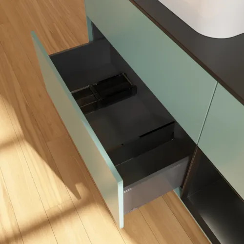 VILLEROY BOCH Toaletní skříňka Finion, s osvětlením, 3 výsuvy, 1200 x 603 x 501 mm, olivový matný lak / černý matný lak / černé matné sklo #F402PDGM, obrázek 7