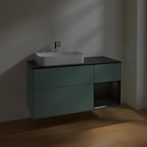 VILLEROY BOCH Toaletní skříňka Finion, s osvětlením, 3 výsuvy, 1200 x 603 x 501 mm, olivový matný lak / černý matný lak / černé matné sklo #F402PDGM, obrázek 5