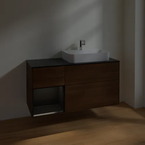 VILLEROY BOCH Toaletní skříňka Finion, s osvětlením, 3 výsuvy, 1200 x 603 x 501 mm, ořechová dýha / černý matný lak / černé matné sklo #F392PDGN, obrázek 5