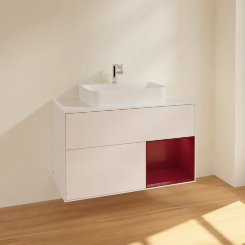 VILLEROY BOCH Toaletní skříňka Finion, s osvětlením, 2 výsuvy, 1000 x 603 x 501 mm, lesklý bílý lak / matný lak Pivoňka / matné bílé sklo #F371HBGF, obrázek 2