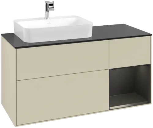 VILLEROY BOCH Toaletní skříňka Finion, s osvětlením, 3 výsuvy, 1200 x 603 x 501 mm, hedvábně šedý matný lak / černý matný lak / černé matné sklo #F402PDHJ