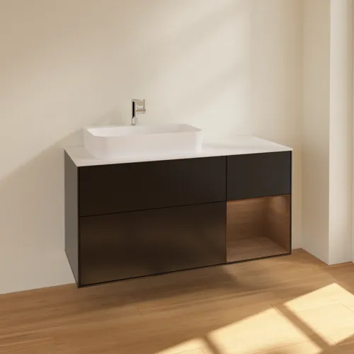 VILLEROY BOCH Toaletní skříňka Finion, s osvětlením, 3 výsuvy, 1200 x 603 x 501 mm, černý matný lak / ořechová dýha / bílé matné sklo #F401GNPD, obrázek 2