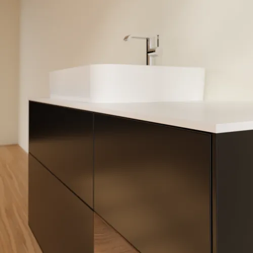VILLEROY BOCH Toaletní skříňka Finion, s osvětlením, 3 výsuvy, 1200 x 603 x 501 mm, černý matný lak / ořechová dýha / bílé matné sklo #F401GNPD, obrázek 6