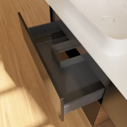 VILLEROY BOCH Toaletní skříňka Finion, s osvětlením, 3 výsuvy, 1200 x 603 x 501 mm, černý matný lak / ořechová dýha / bílé matné sklo #F401GNPD, obrázek 8