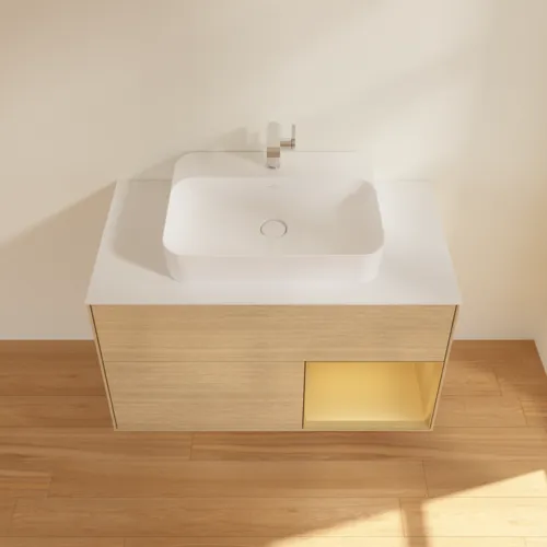 VILLEROY BOCH Toaletní stolek Finion, s osvětlením, 2 výsuvy, 1000 x 603 x 501 mm, dubová dýha / zlatý matný lak / sklo bílé matné #F371HFPC, obrázek 4
