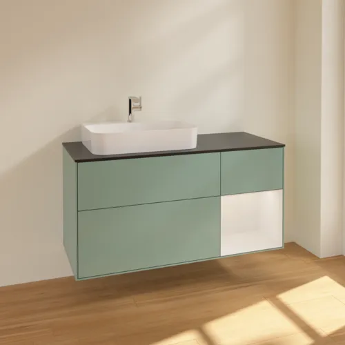 VILLEROY BOCH Toaletní skříňka Finion, s osvětlením, 3 výsuvy, 1200 x 603 x 501 mm, olivový matný lak / lesklý bílý lak / sklo černé matné #F402GFGM, obrázek 2