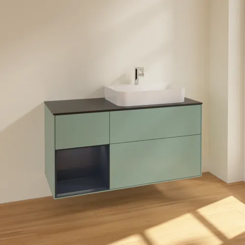VILLEROY BOCH Toaletní skříňka Finion, s osvětlením, 3 výsuvy, 1200 x 603 x 501 mm, olivový matný lak / půlnoční modrý matný lak / černé matné sklo #F392HGGM, obrázek 2