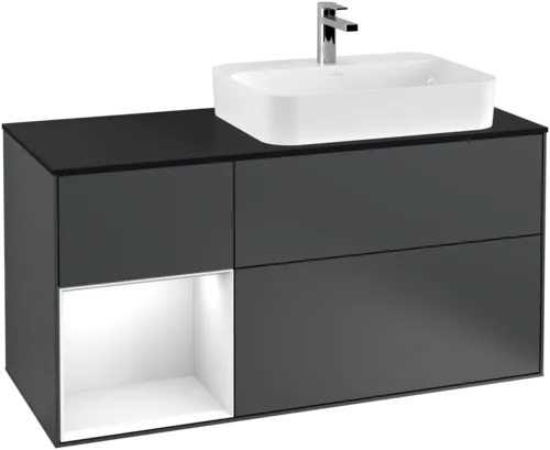 VILLEROY BOCH Toaletní skříňka Finion, s osvětlením, 3 výsuvy, 1200 x 603 x 501 mm, Midnight Blue Matt Lacquer / Glossy White Lacquer / Glass Black Matt #F392GFHG