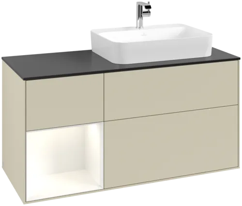 VILLEROY BOCH Toaletní skříňka Finion, s osvětlením, 3 výsuvy, 1200 x 603 x 501 mm, hedvábně šedý matný lak / lesklý bílý lak / černé matné sklo #F392GFHJ