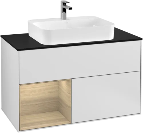VILLEROY BOCH Toaletní skříňka Finion, s osvětlením, 2 výsuvy, 1000 x 603 x 501 mm, bílý matný lak / dubová dýha / černé matné sklo #F362PCMT