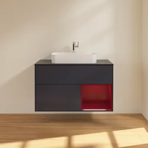 VILLEROY BOCH Toaletní skříňka Finion, s osvětlením, 2 výsuvy, 1000 x 603 x 501 mm, Midnight Blue Matt Lacquer / Peony Matt Lacquer / Glass Black Matt #F372HBHG, obrázek 3