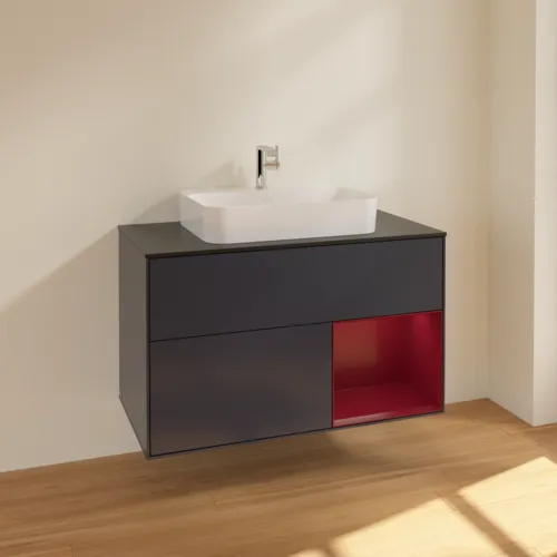 VILLEROY BOCH Toaletní skříňka Finion, s osvětlením, 2 výsuvy, 1000 x 603 x 501 mm, Midnight Blue Matt Lacquer / Peony Matt Lacquer / Glass Black Matt #F372HBHG, obrázek 2