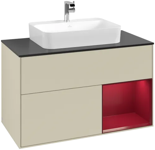 VILLEROY BOCH Toaletní skříňka Finion, s osvětlením, 2 výsuvy, 1000 x 603 x 501 mm, Silk Grey Matt Lacquer / Peony Matt Lacquer / Glass Black Matt #F372HBHJ