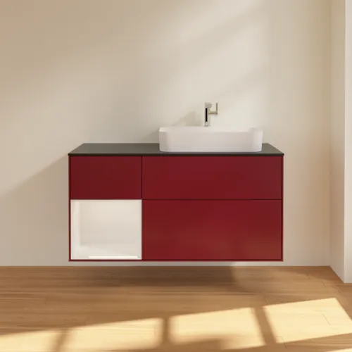 VILLEROY BOCH Toaletní skříňka Finion, s osvětlením, 3 výsuvy, 1200 x 603 x 501 mm, matný lak Peony / lesklý bílý lak / černé matné sklo #F392GFHB, obrázek 3