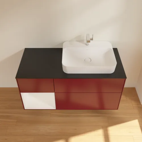 VILLEROY BOCH Toaletní skříňka Finion, s osvětlením, 3 výsuvy, 1200 x 603 x 501 mm, matný lak Peony / lesklý bílý lak / černé matné sklo #F392GFHB, obrázek 4