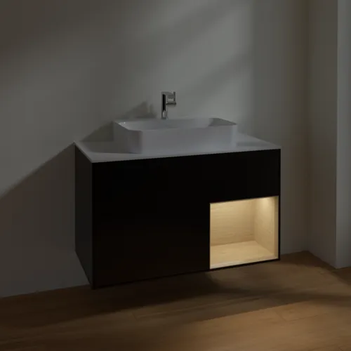 VILLEROY BOCH Toaletní skříňka Finion, s osvětlením, 2 výsuvy, 1000 x 603 x 501 mm, černý matný lak / dubová dýha / sklo bílé matné #F371PCPD, obrázek 5