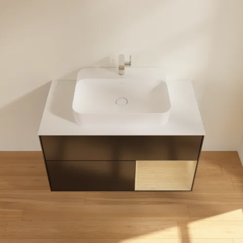 VILLEROY BOCH Toaletní skříňka Finion, s osvětlením, 2 výsuvy, 1000 x 603 x 501 mm, černý matný lak / dubová dýha / sklo bílé matné #F371PCPD, obrázek 4