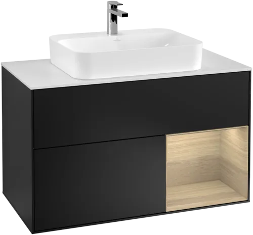 VILLEROY BOCH Toaletní skříňka Finion, s osvětlením, 2 výsuvy, 1000 x 603 x 501 mm, černý matný lak / dubová dýha / sklo bílé matné #F371PCPD, obrázek 1