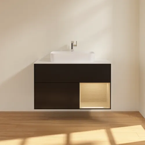VILLEROY BOCH Toaletní skříňka Finion, s osvětlením, 2 výsuvy, 1000 x 603 x 501 mm, černý matný lak / dubová dýha / sklo bílé matné #F371PCPD, obrázek 3