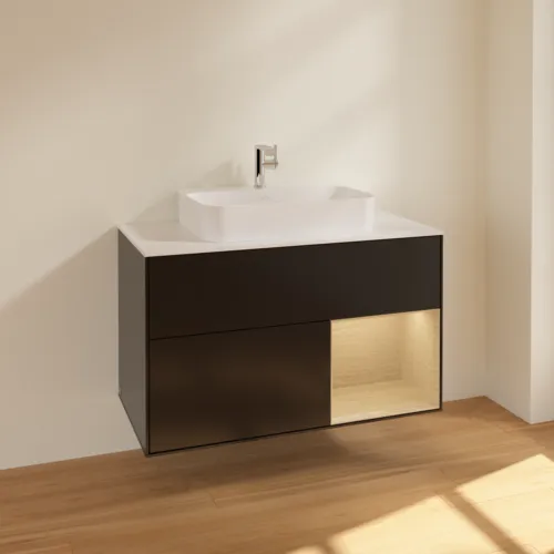 VILLEROY BOCH Toaletní skříňka Finion, s osvětlením, 2 výsuvy, 1000 x 603 x 501 mm, černý matný lak / dubová dýha / sklo bílé matné #F371PCPD, obrázek 2
