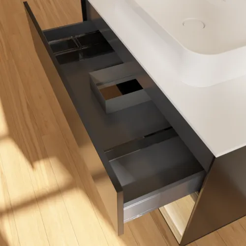 VILLEROY BOCH Toaletní skříňka Finion, s osvětlením, 2 výsuvy, 1000 x 603 x 501 mm, černý matný lak / dubová dýha / sklo bílé matné #F371PCPD, obrázek 8