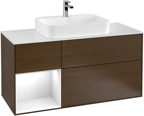 VILLEROY BOCH Toaletní skříňka Finion, s osvětlením, 3 výsuvy, 1200 x 603 x 501 mm, ořechová dýha / lesklý bílý lak / sklo bílé matné #F411GFGN