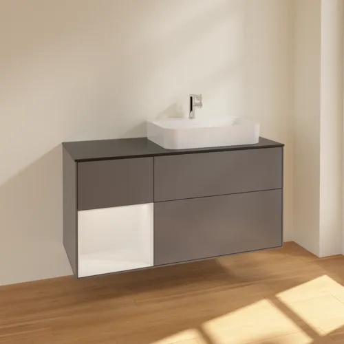 VILLEROY BOCH Toaletní skříňka Finion, s osvětlením, 3 výsuvy, 1200 x 603 x 501 mm, antracitový matný lak / lesklý bílý lak / černé matné sklo #F392GFGK, obrázek 2