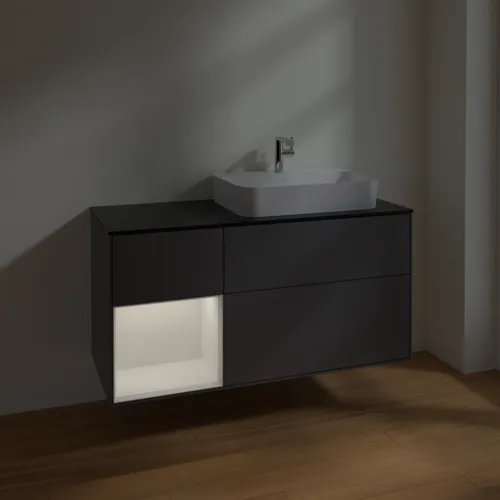VILLEROY BOCH Toaletní skříňka Finion, s osvětlením, 3 výsuvy, 1200 x 603 x 501 mm, antracitový matný lak / lesklý bílý lak / černé matné sklo #F392GFGK, obrázek 5