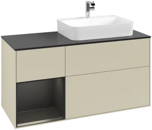 VILLEROY BOCH Toaletní skříňka Finion, s osvětlením, 3 výsuvy, 1200 x 603 x 501 mm, hedvábně šedý matný lak / černý matný lak / černé matné sklo #F392PDHJ