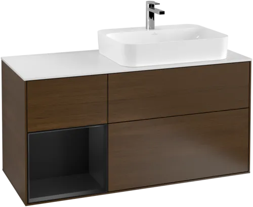 VILLEROY BOCH Toaletní skříňka Finion, s osvětlením, 3 výsuvy, 1200 x 603 x 501 mm, ořechová dýha / černý matný lak / sklo bílé matné #F391PDGN