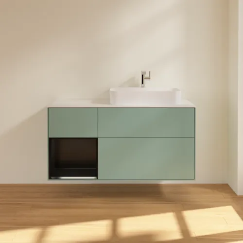 VILLEROY BOCH Toaletní skříňka Finion, s osvětlením, 3 výsuvy, 1200 x 603 x 501 mm, olivový matný lak / černý matný lak / bílé matné sklo #F391PDGM, obrázek 3
