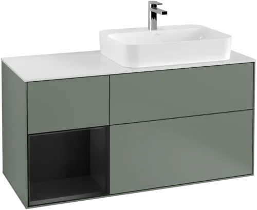 VILLEROY BOCH Toaletní skříňka Finion, s osvětlením, 3 výsuvy, 1200 x 603 x 501 mm, olivový matný lak / černý matný lak / bílé matné sklo #F391PDGM