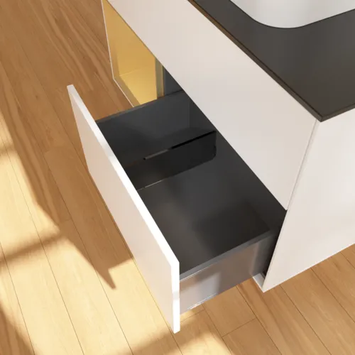 VILLEROY BOCH Toaletní skříňka Finion, s osvětlením, 2 výsuvy, 1000 x 603 x 501 mm, bílý matný lak / zlatý matný lak / černé matné sklo #F362HFMT, obrázek 7