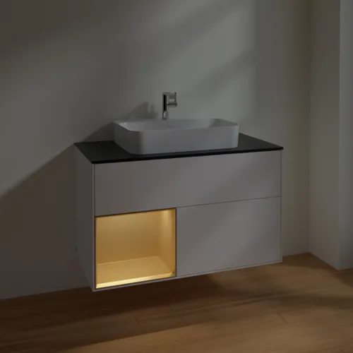 VILLEROY BOCH Toaletní skříňka Finion, s osvětlením, 2 výsuvy, 1000 x 603 x 501 mm, bílý matný lak / zlatý matný lak / černé matné sklo #F362HFMT, obrázek 5