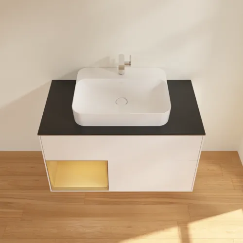 VILLEROY BOCH Toaletní skříňka Finion, s osvětlením, 2 výsuvy, 1000 x 603 x 501 mm, bílý matný lak / zlatý matný lak / černé matné sklo #F362HFMT, obrázek 4