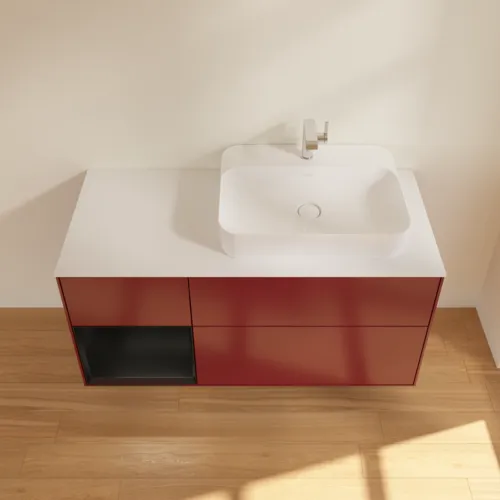 VILLEROY BOCH Toaletní skříňka Finion, s osvětlením, 3 výsuvy, 1200 x 603 x 501 mm, Pivoňka matný lak / Černý matný lak / Sklo bílé matné #F391PDHB, obrázek 4