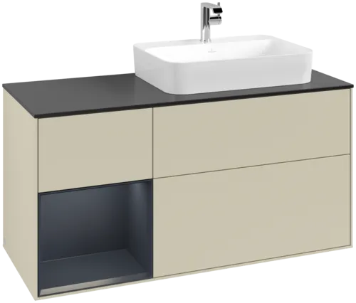 VILLEROY BOCH Toaletní skříňka Finion, s osvětlením, 3 výsuvy, 1200 x 603 x 501 mm, Silk Grey Matt Lacquer / Midnight Blue Matt Lacquer / Glass Black Matt #F392HGHJ